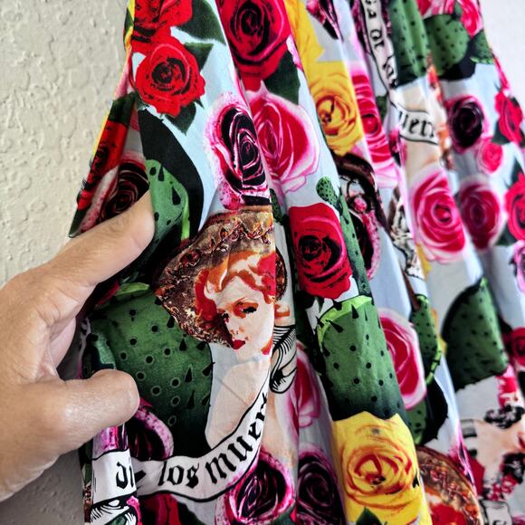 HELL BUNNY Skirt Small Dias De Los Muertos Roses A-Line Rockabilly Full Sweep - Picture 6 of 14